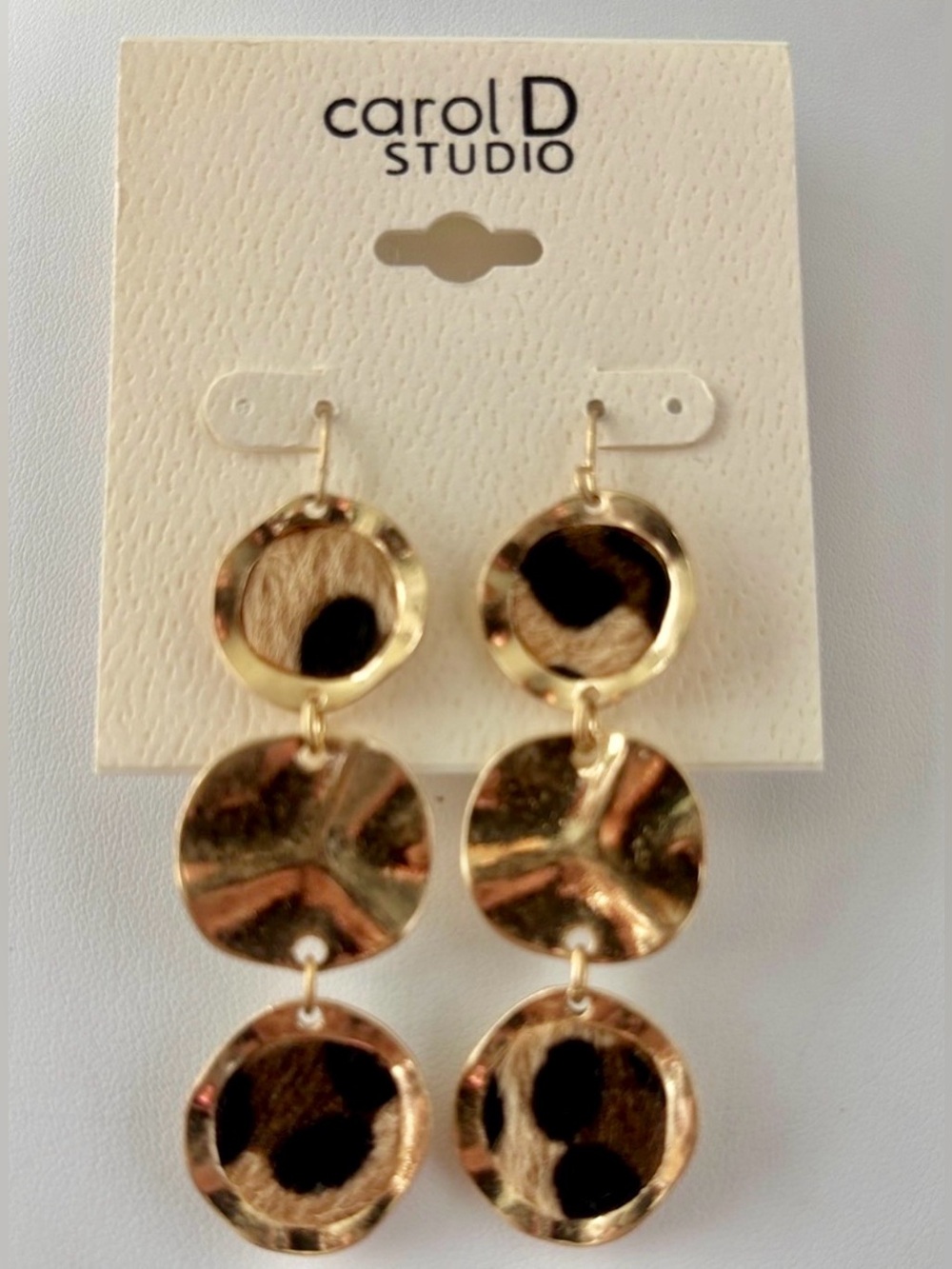 Carol D Studio Calf Hair Leopard print, hammered goldtone circle,dangle,fishook